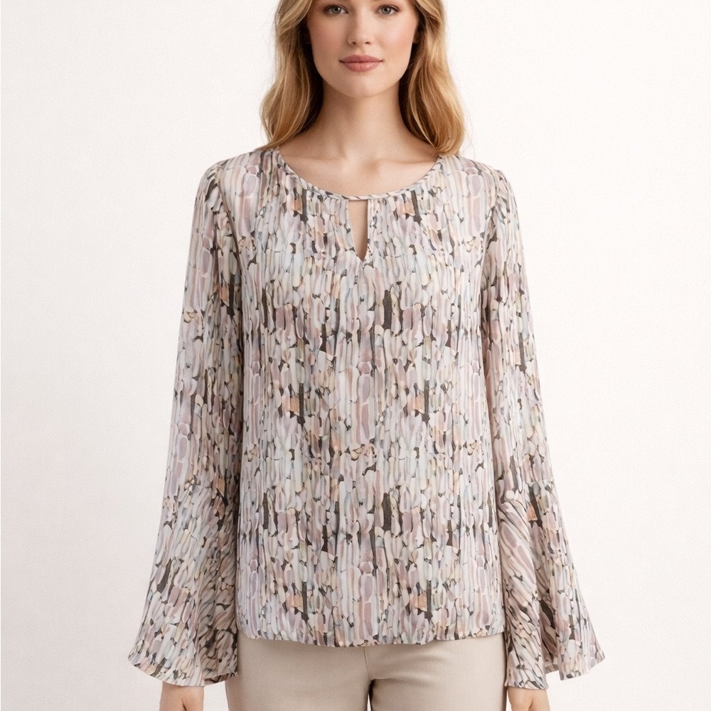 Waverly Grey Liberant Artsy Art-to-Wear Blouse Small Boho Keyhole Bell Sleeve